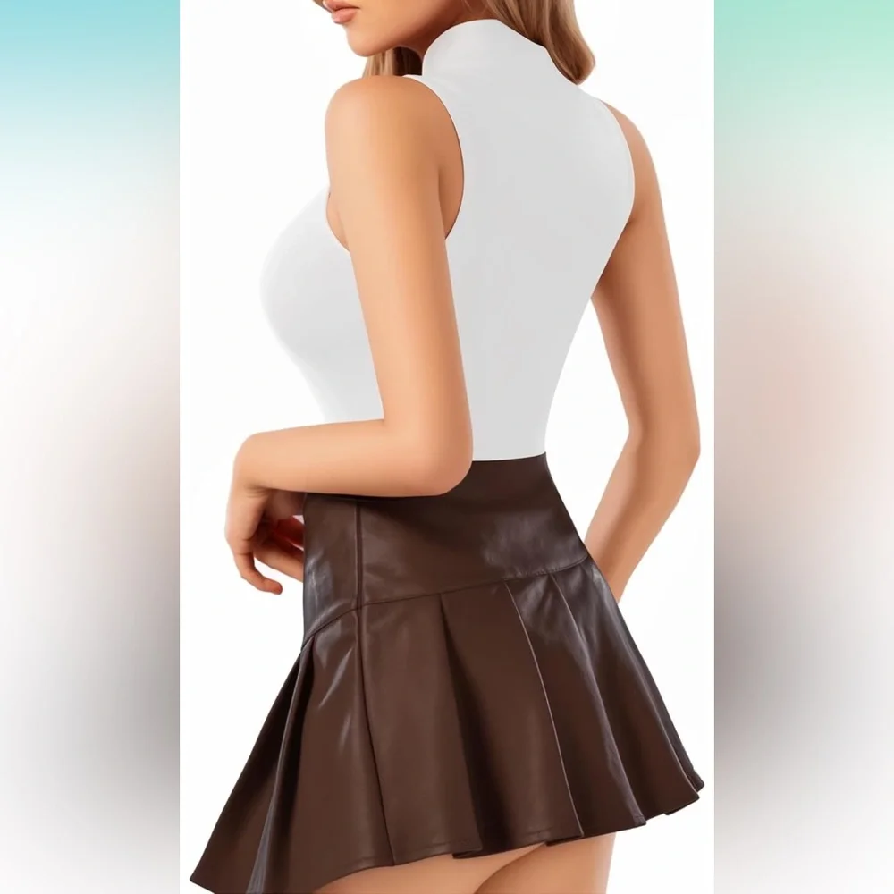 White Bodysuit Mock Turtle Neck Sleeveless Jumpsuit - Picture 2 of 6